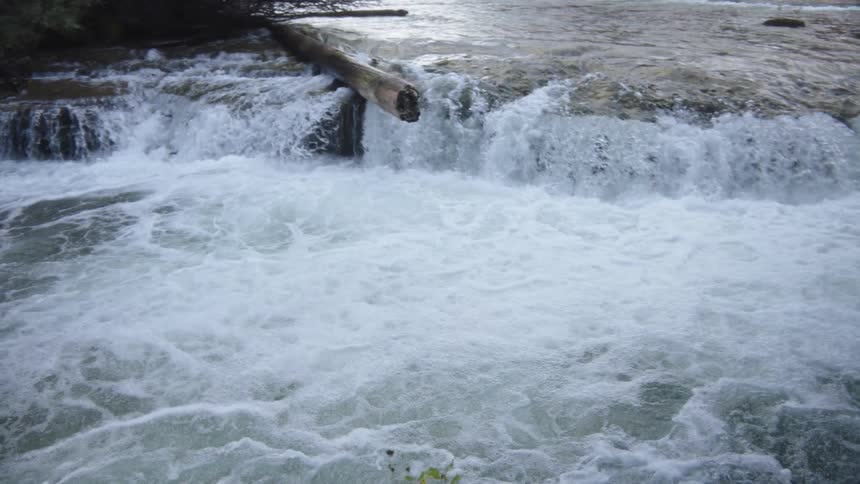 Water flows down a low drop in a river creating churning whitewater in the woods on an autumn day