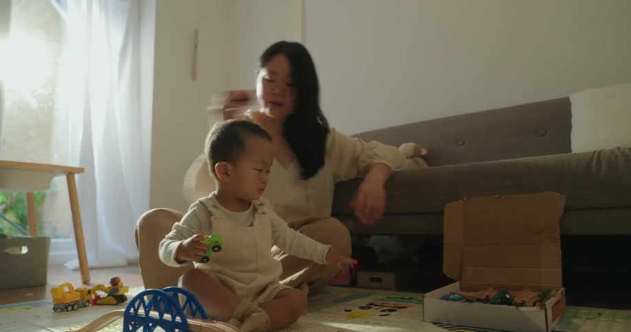 Male baby boy and young adult woman playing with toys in a living room indoors during day time