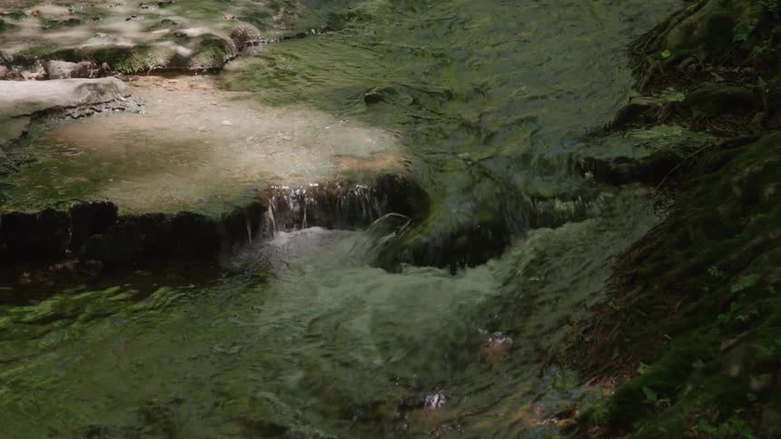 Clear water flows steadily over a small mosscovered rock ledge creating a gentle cascade that splashes into the stream below