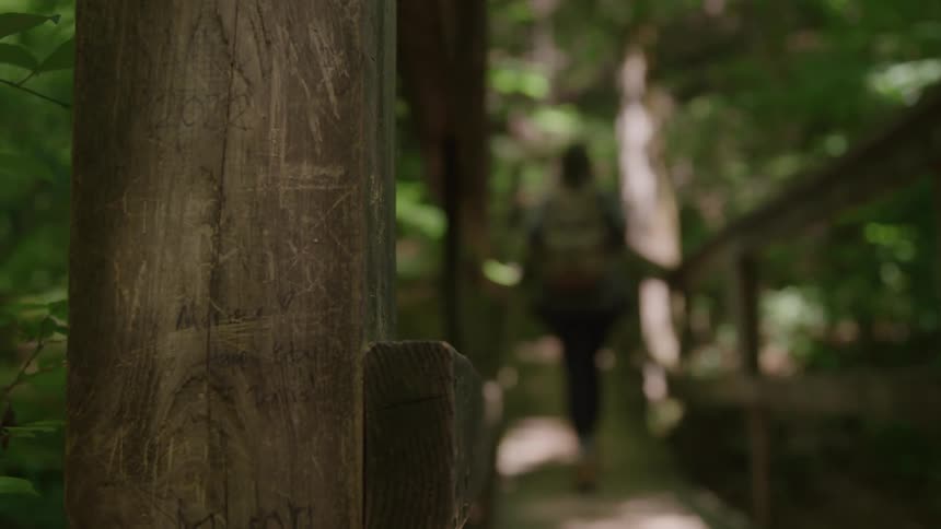 A woman wearing a backpack walks across a small bridge in a forest