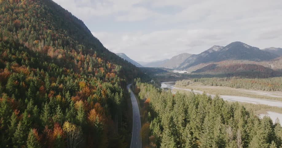 Aerial view of a freeway around a forested mountain with trees in bright fall colors