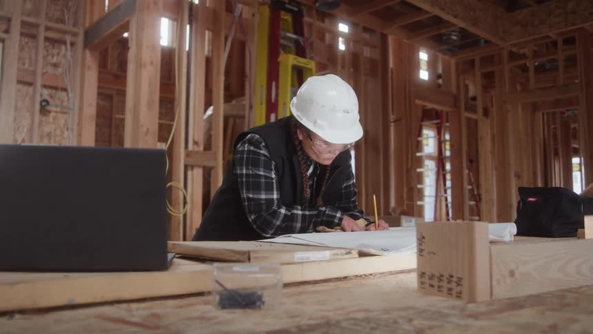 Engineer wearing a hard hat and safety glasses reviews blueprints at a construction site