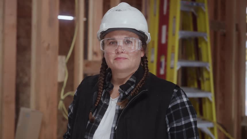 Woman wearing a hard hat and safety glasses works at a construction site