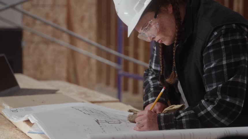 A woman wearing a helmet and goggles is writing on a white sheet of draft paper