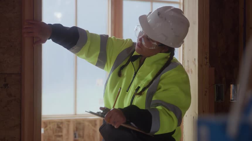 Female construction worker holds a clipboard as she inspects the inside of a construction building site and takes notes