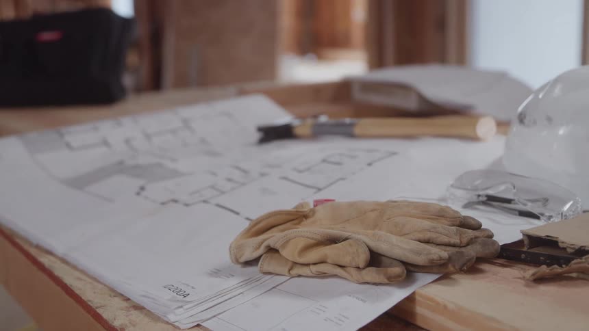 A pair of work gloves a hammer a hardhat and safety goggles on a paper floor plan