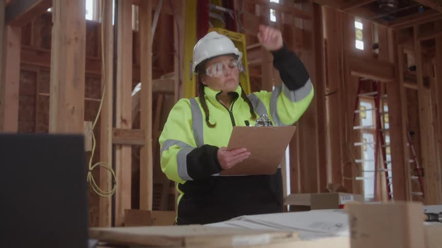 Female construction worker standing inside a construction building site holds a clipboard as she looks up and counts