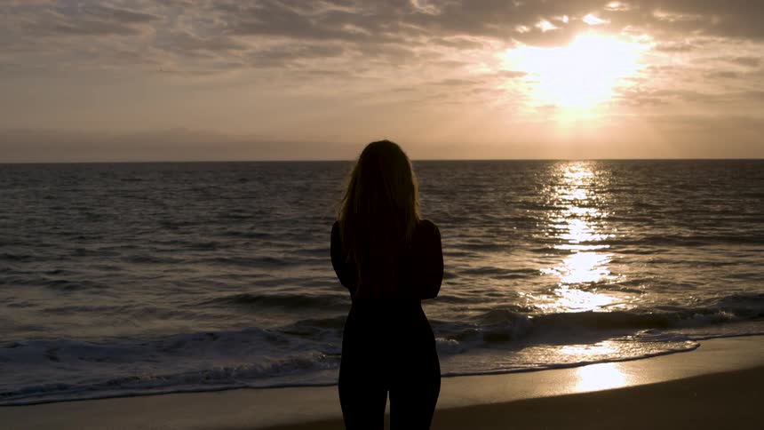 The silhouette of a woman standing on a beach at sunset