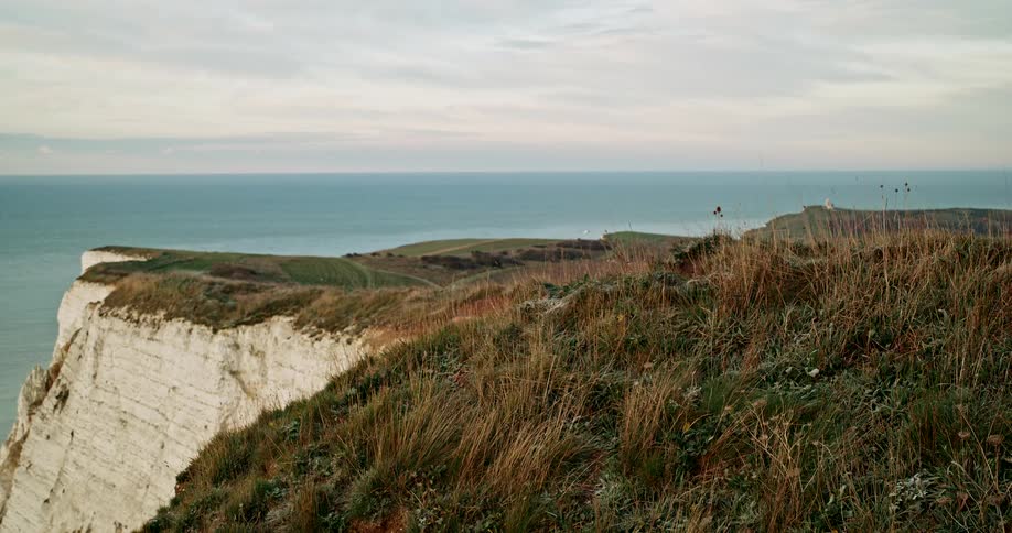 A view of cliffs along the coast with grass by the wind in front of sea