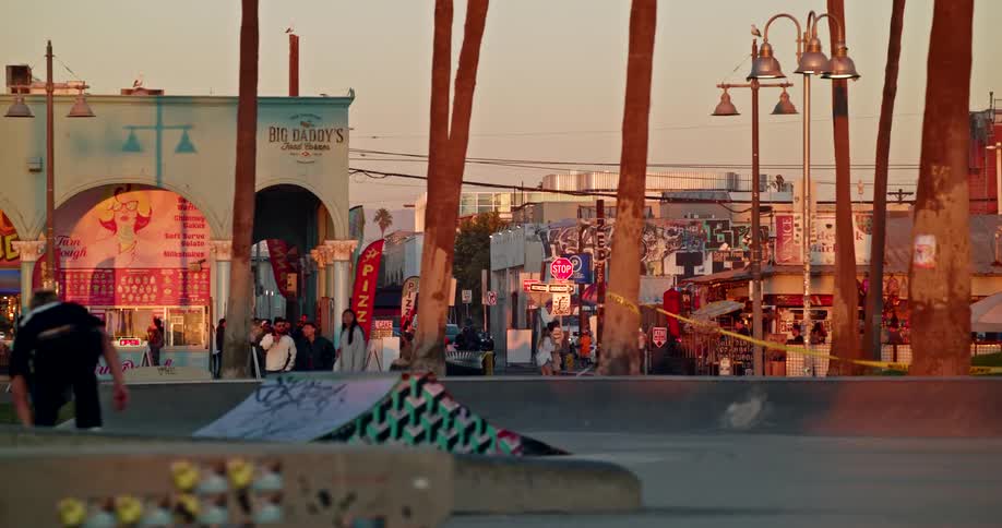 Skateboarder performing a trick in an outdoor park surrounded by murals and palm trees