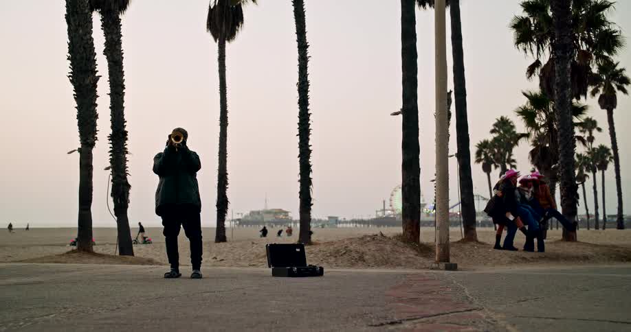 Musician playing trumpet on the beach at sunset among palm trees