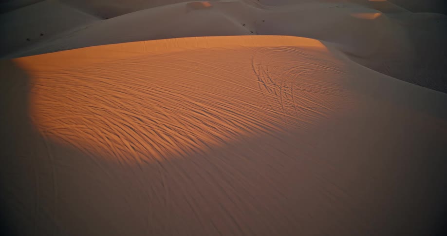 Tracks cross a partially shadowed desert dune