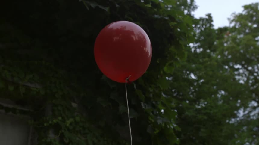 Red balloon floats through the trees