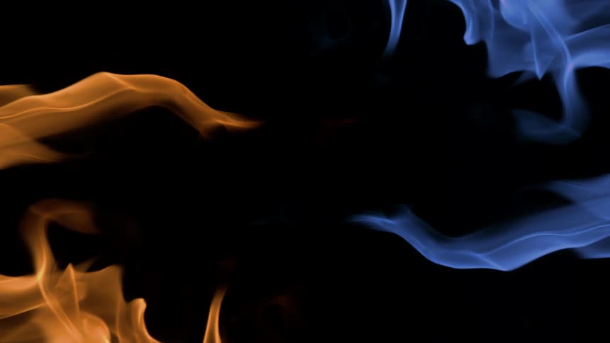 Orange and blue flames clash against a dark background