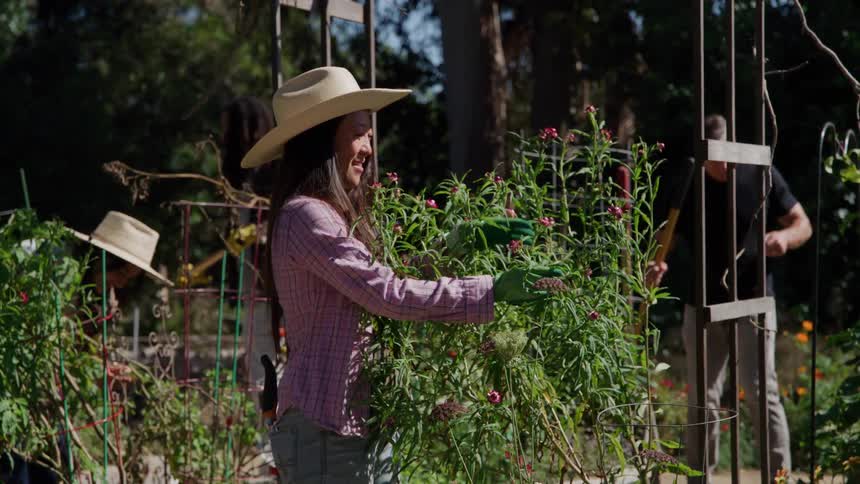 A smiling woman in a straw hat tends tall flowering plants in a sunny garden while three others shovel and work