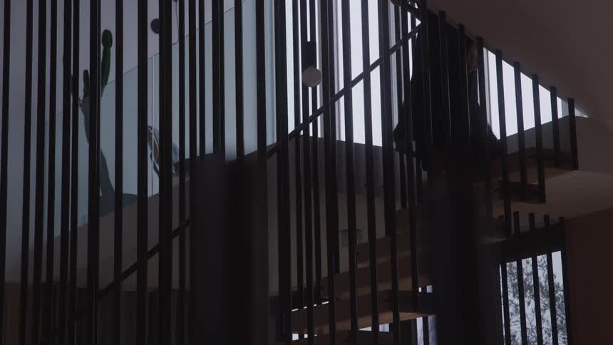 Woman descending a spiral staircase surrounded by vertical bars