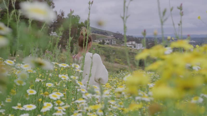Woman sitting among wildflowers in an open field