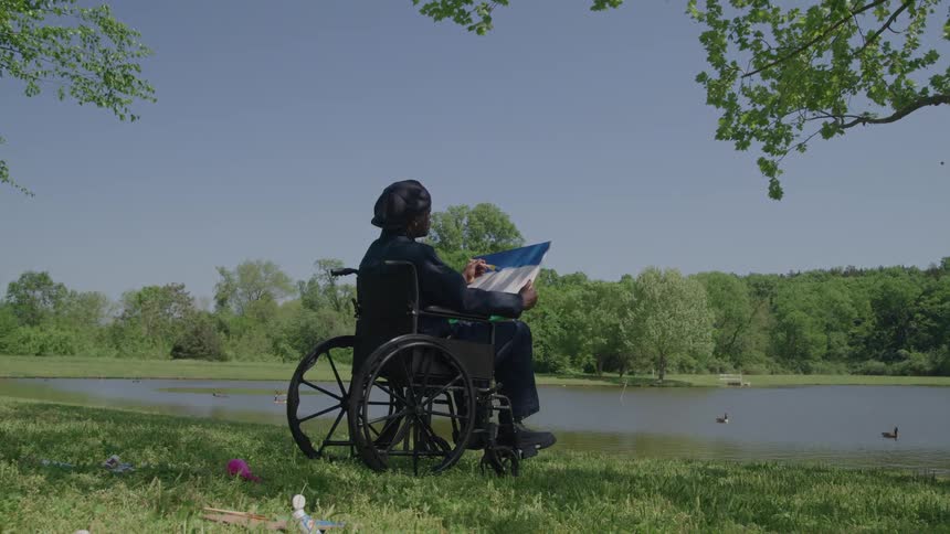 A woman sitting outdoors painting on a canvas