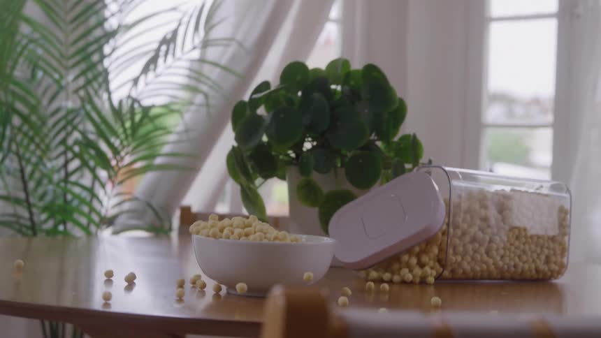Close up of cereal spilling from a bowl and container placed on a vibrating table indoors during daytime