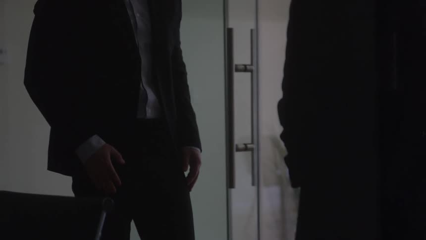 Business people shake hands standing near a glass door