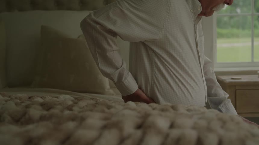 Elderly man sitting on the bed while holding his lower back in discomfort