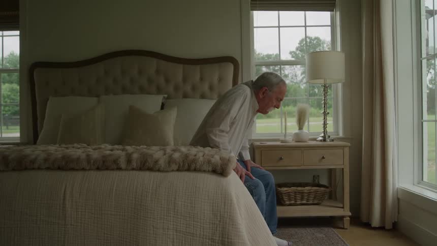 An elderly man stands up from a bed grabbing in side and legs looking like he is in pain