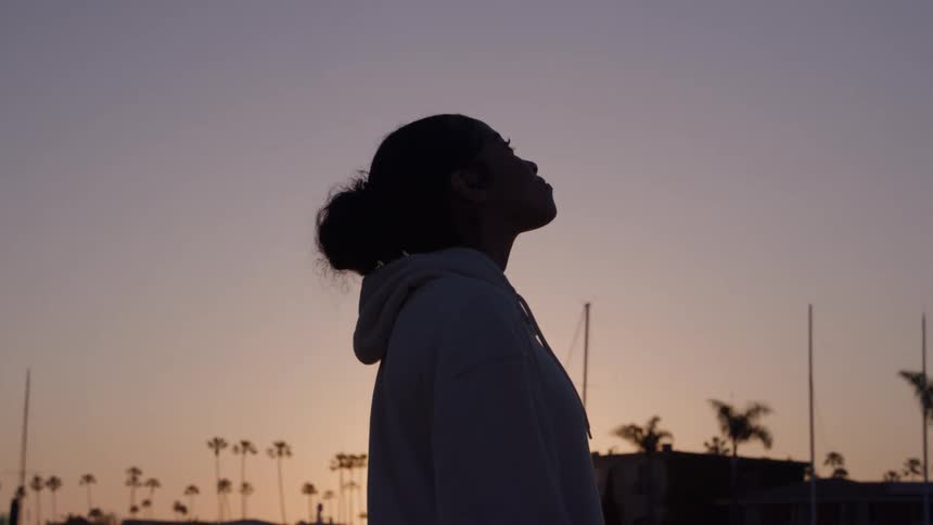 A woman with her hair in a bun is silhouetted against a sunset sky