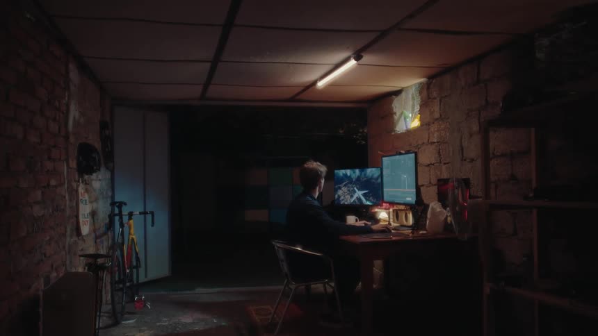 A man is in a room sitting in front of a computer with two screens