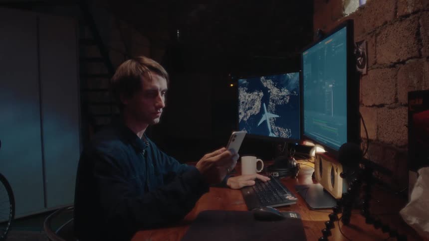 A man in front of a computer looks at his phone then suddenly turns to look at his bike