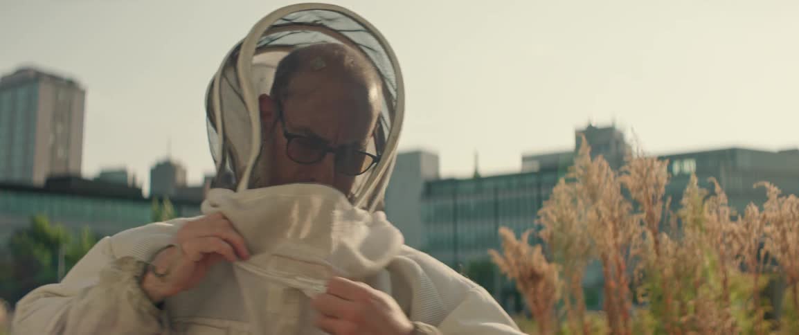 A male beekeeper is actively securing the veil of his white protective suit