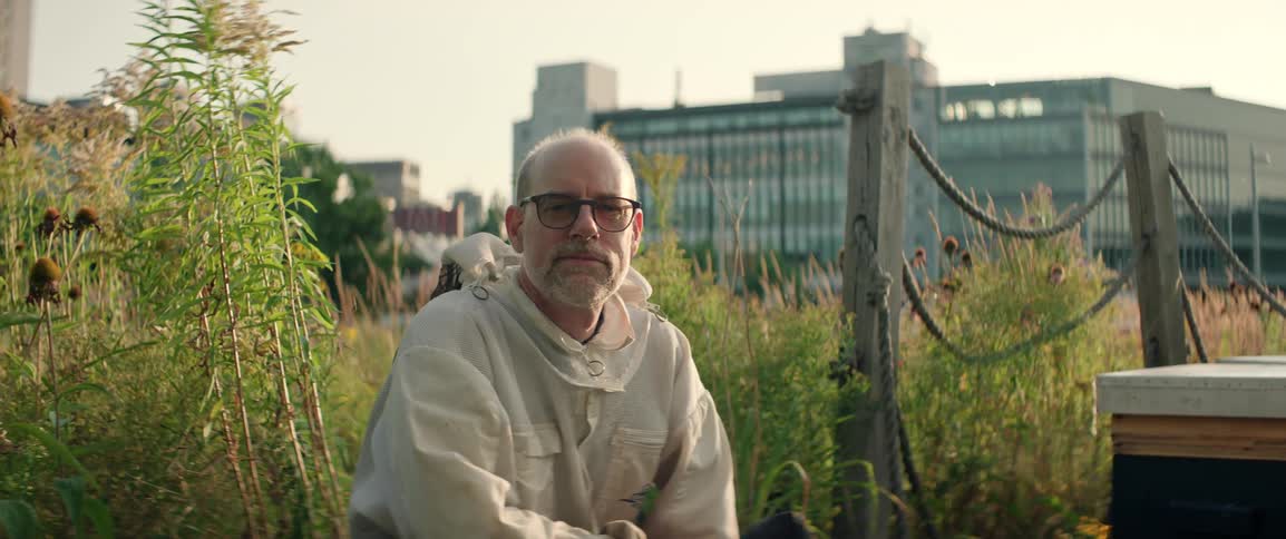 Man wearing beekeepers suit and glasses sits in a field with tall vegetation near beehives