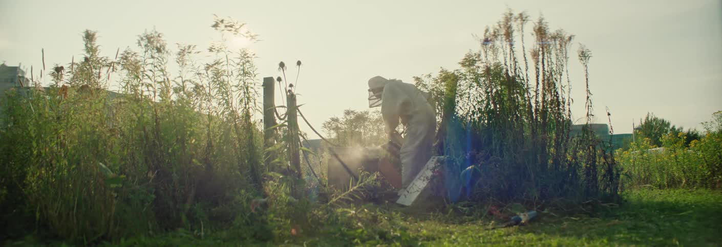 Beekeeper handles a beehive releasing smoke in a sunlit field