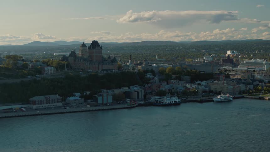 Aerial view of castle on the hill with view of river and city