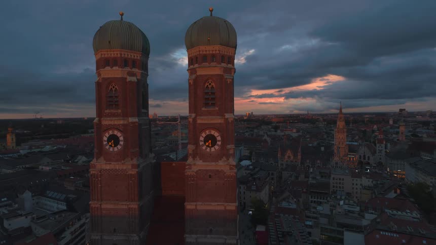 Aerial of a metropolitan cityscape at sunset