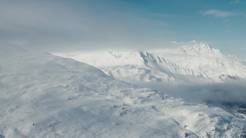 A wide aerial shot of an arctic mountain or ice berg the scene itself is very calming and beautiful