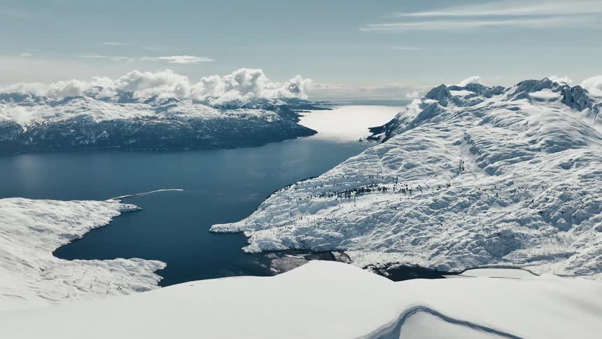 Aerial view of snowy mountains meeting a deep blue fjord under a cloudy sky