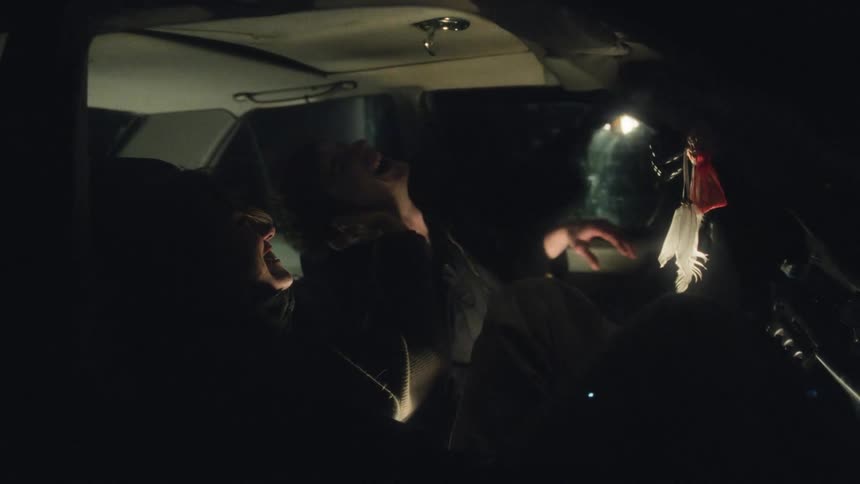 Laughter fills the car under the soft glow of the night
