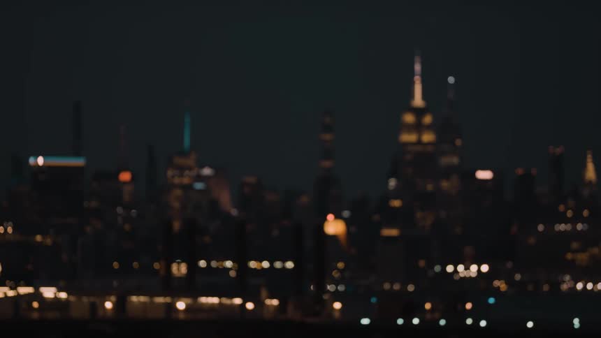 A city skyline at night filled with skyscrapers illuminated against the dark sky