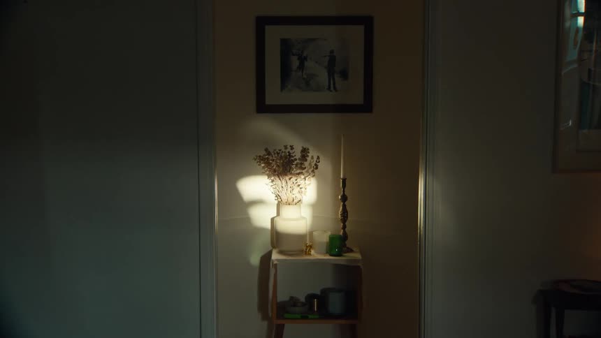 Sunbeam illuminates a vase with dried flowers in a hallway corner
