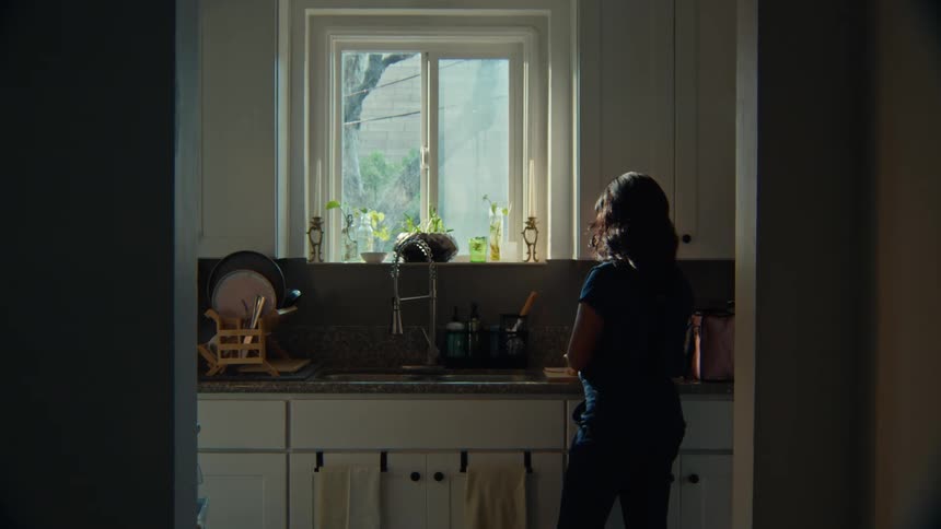 Woman washes dishes at a sink lit by morning light
