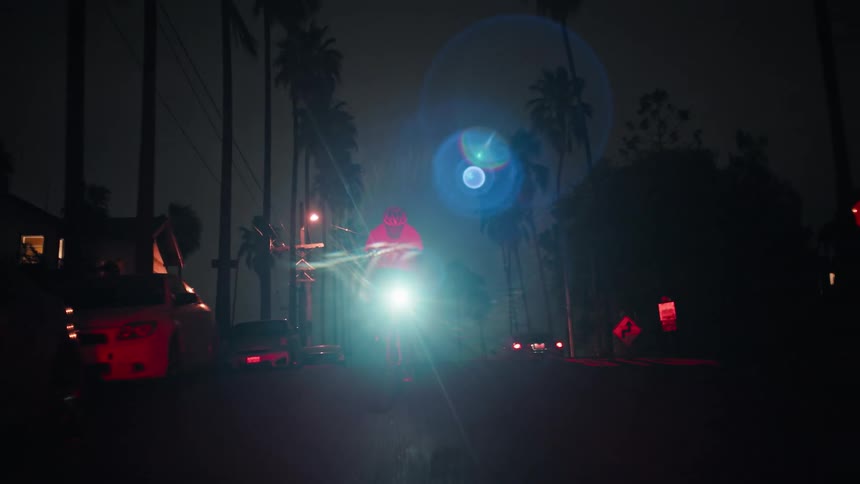 Cyclist rides at night along a street lined with palm trees