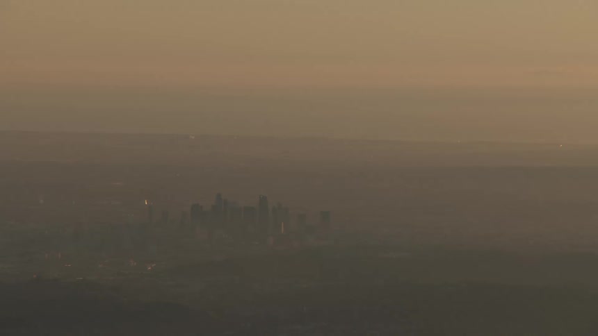 Towers and skyscrapers in a metropolitan city on the coast seen through the fog