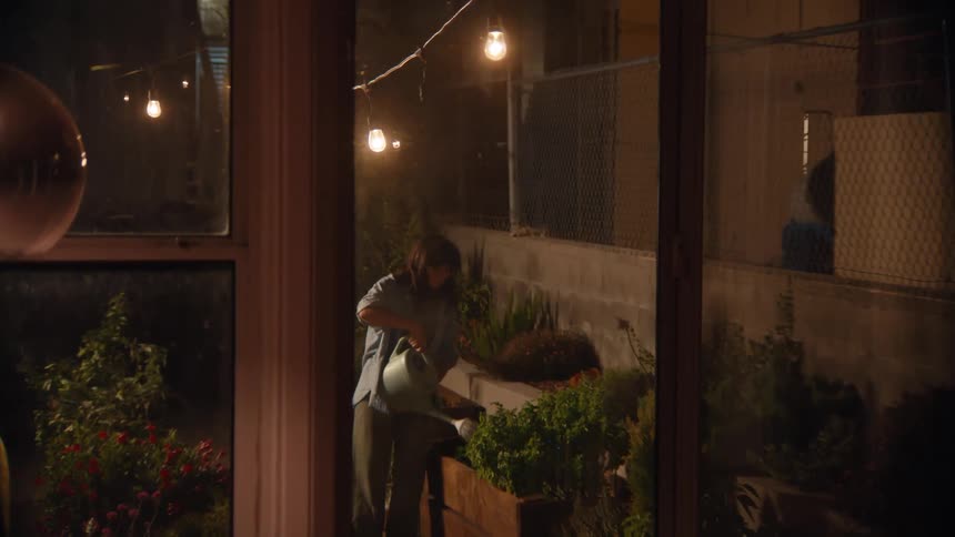 Person waters plants in a nighttime garden lit by hanging bulbs