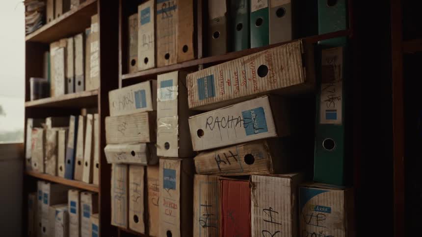 Shelves filled with folders and stacked files labeled with handwritten notes