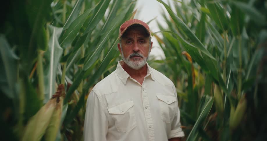 A middleaged man with a gray beard and an orange cap stands in the middle of a tall lush corn field looking directly at the camerahe is wearing a lightcolored buttonup work shirt and has a serious contemplative expression as he is surrounded by