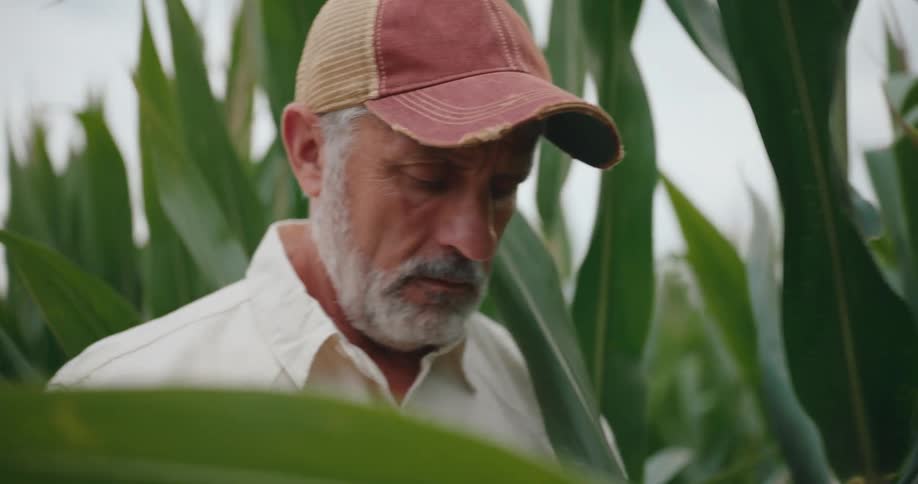 A farmer stands in a cornfield carefully inspecting an ear of corn before looking down to tap and swipe on a tablet likely recording his observations