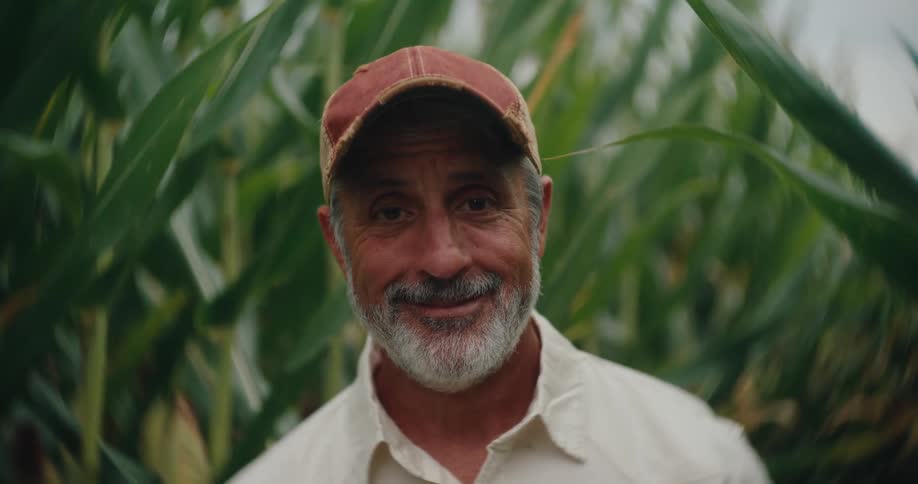 A closeup shot features an older man likely a farmer wearing a reddishbrown baseball cap and a lightcolored shirt standing in a corn fieldthe man has a gray beard and is looking directly at the camera with a friendly and warm smile