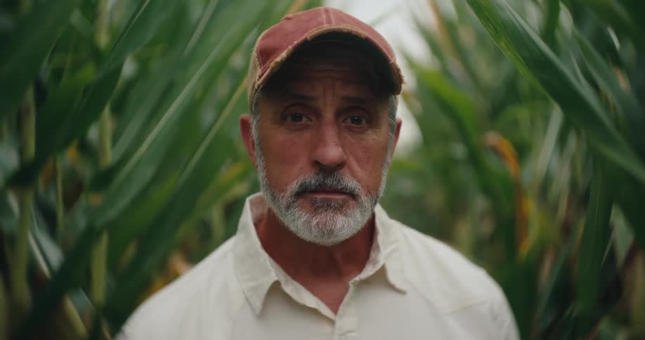 Man stares from between the tall leaves of the cornfield