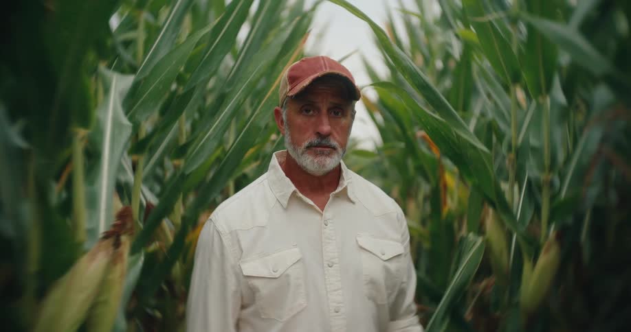 A farmer with a grey beard and baseball cap stands among tall corn stalks looking off for a moment before turning to face the camera with a serious expression