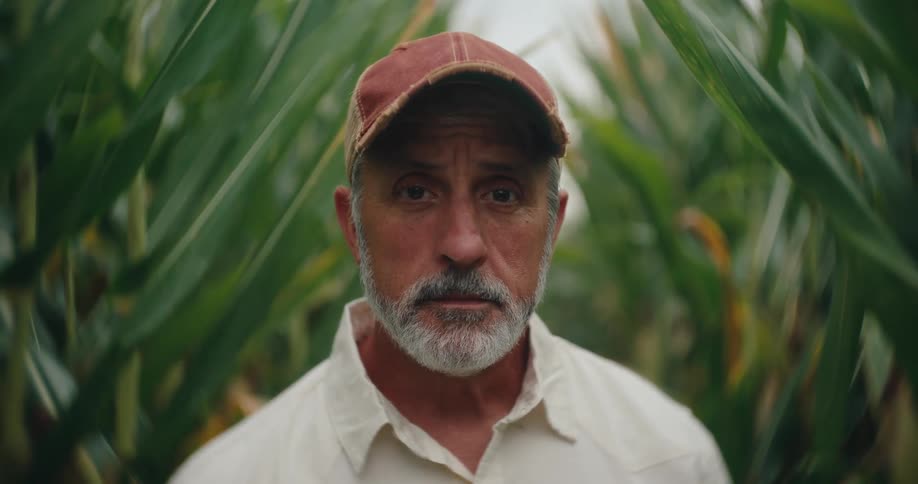 Man stares through the green leaves of a cornfield